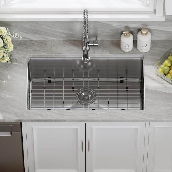 32 in. 16-Gauge Undermount Single Bowl Stainless Steel Kitchen Sink with Bottom Grid, Basket Strainer, Cutout Template