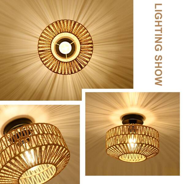 11.8 in. 1-Light Brown Rattan LED Semi-Flush Mount Light with Dimmable LED Bulb