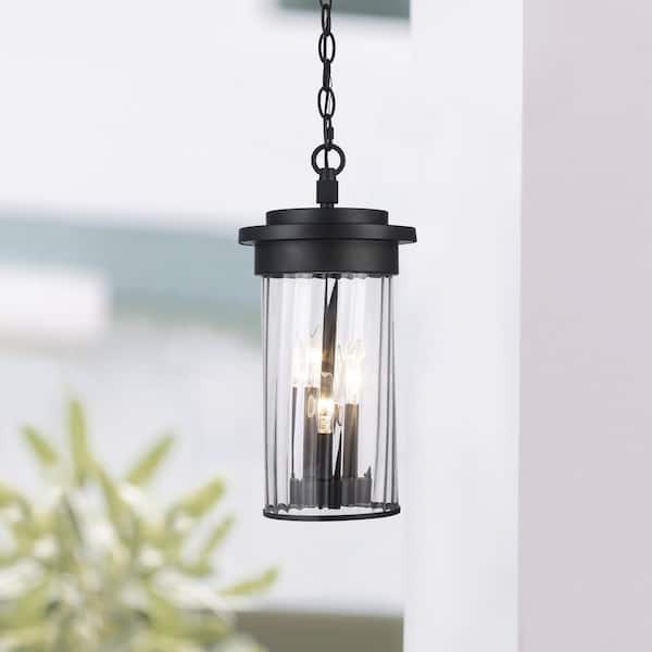 Carmel 3-Light Black Outdoor Pendant Light Fixture with Clear Glass