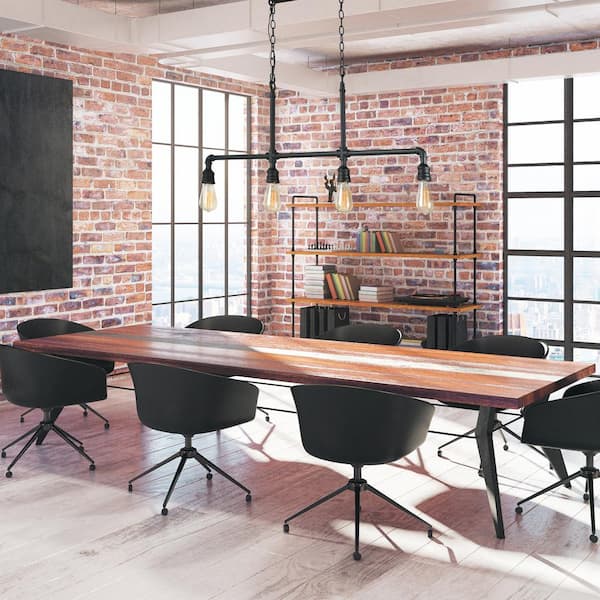 Black Pipe Chandelier, 44 in. Large Industrial 4-Light Linear Matte Black Chandelier Kitchen Island Pendant Light