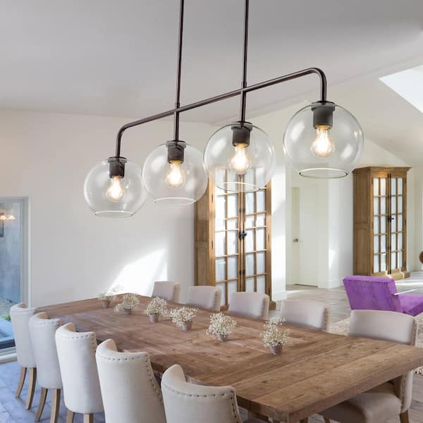 Friedlander 4-Light Rusted Bronze Island Chandelier with Clear Glass Shades, Modern Linear Kitchen Pendant Light