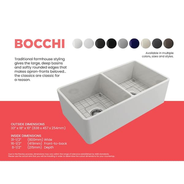 Classico Farmhouse Apron Front Fireclay 33 in. Double Bowl Kitchen Sink with Bottom Grid and Strainer in White