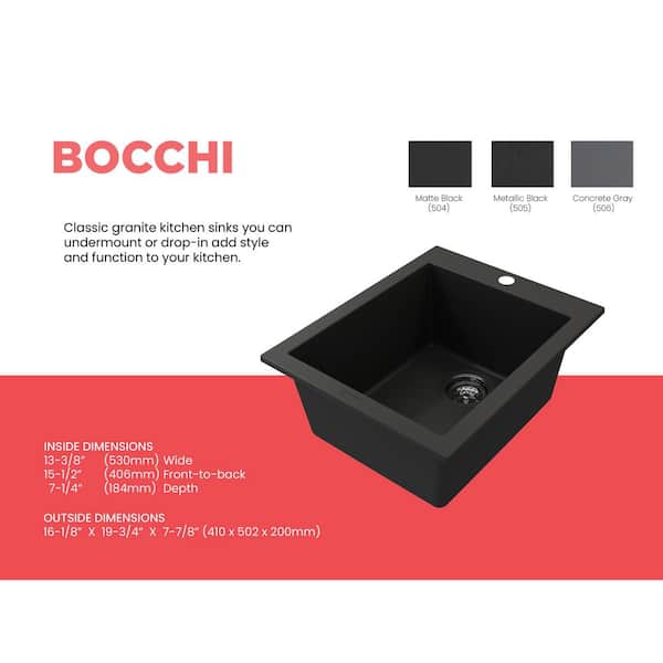 Campino Uno Matte Black Granite Composite 16 in. Single Bowl Drop-In/Undermount Bar Sink with Strainer