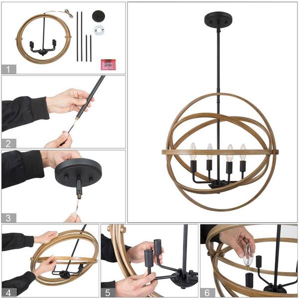Farmhouse Chandelier 4-Light Globe Cage Classic Black Candlestick Island Pendant Chandelier with Faux Wood Accent