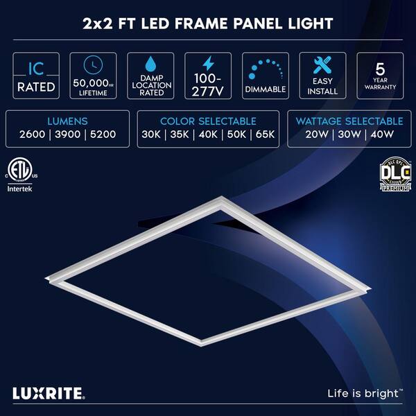 2 ft. x 2 ft. Frame LED Panel Lights, 5CCT, 2600/3900/5200 Lumens, 20-Watt/30-Watt/40-Watt, Dimmable, Damp Rated, ETL