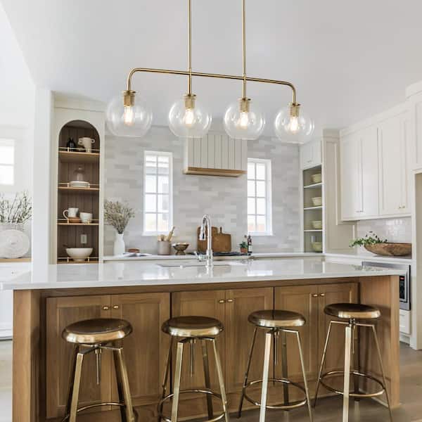 Friedlander 4-Light Brass Island Chandelier with Clear Glass Shades, Modern Linear Kitchen Pendant Light