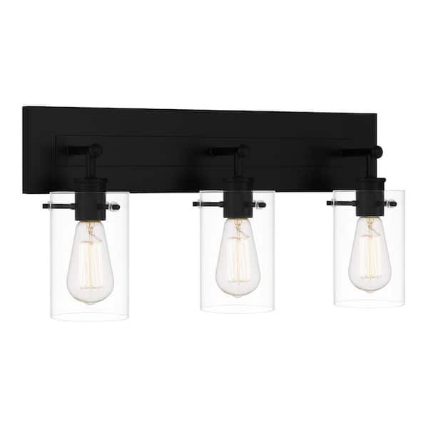 Regan 21 in. 3-Light Matte Black Bathroom Vanity Light with Clear Glass Shades