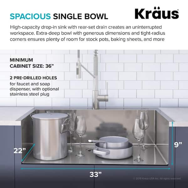 Loften Stainless Steel 33in. Single Bowl Drop-in / Undermount Kitchen Sink with Stainless Steel Pull Down Faucet