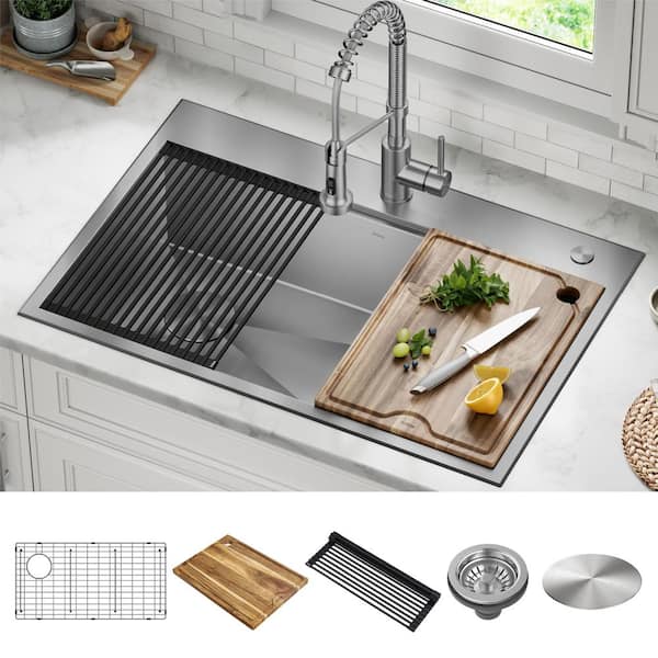 Loften 33 in. Drop-in/Undermount Single Bowl Stainless Steel Kitchen Workstation Sink with Accessories