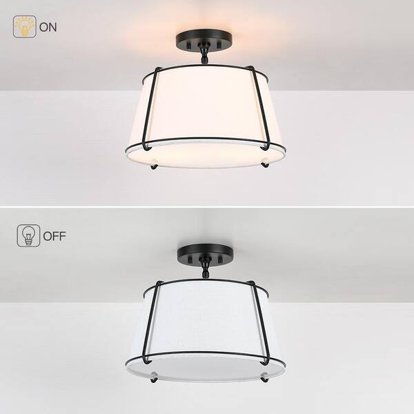 Celina 15 in. 2-Light White Fabric Semi-Flush Mount Light With Black Hardware