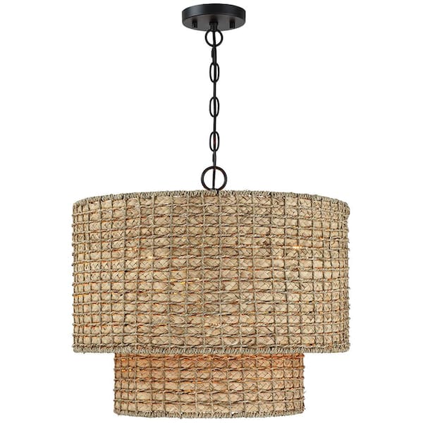 Elis 20 in. 4-Light Natural Rattan Traditional Drum Pendant Light Black Canopy