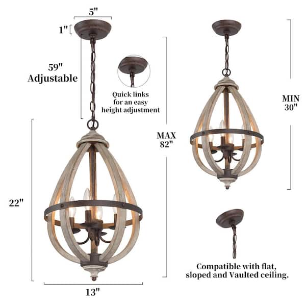 4-Light Rustic Bronze Farmhouse Globe Island Chandelier with Tear-Drop Wood Cage Transitional Candlestick Pendant Light