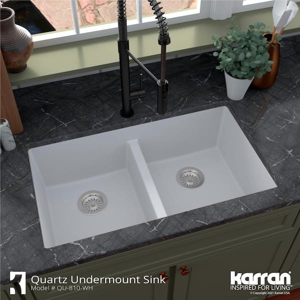 QU-810 Quartz/Granite 32 in. Double Bowl 50/50 Undermount Kitchen Sink in White with Bottom Grid and Strainer