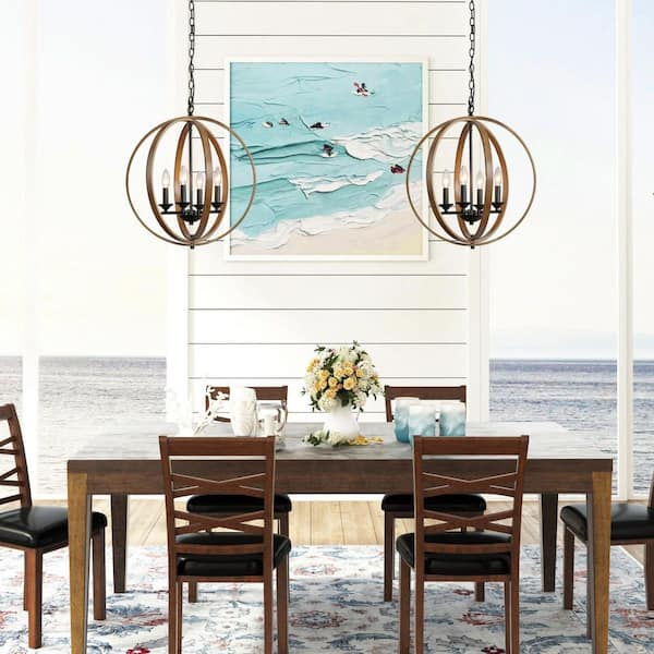 Farmhouse Black Chandelier Globe Cage Candlestick 4-Light Rustic Island Pendant Chandelier with Faux Wood Accent