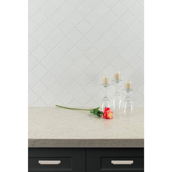 Whisper White Arabesque 10-1/2 in. x 15-1/2 in. x 8 mm Glossy Ceramic Mesh-Mounted Mosaic Wall Tile (11.7 sq. ft. /case)