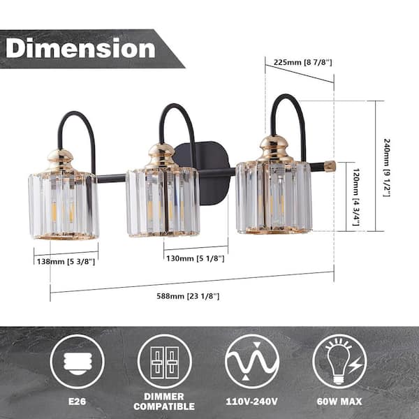 Merrin 23.1 in. 3-Light Black Golden Bathroom Vanity Light with Crystal Shades