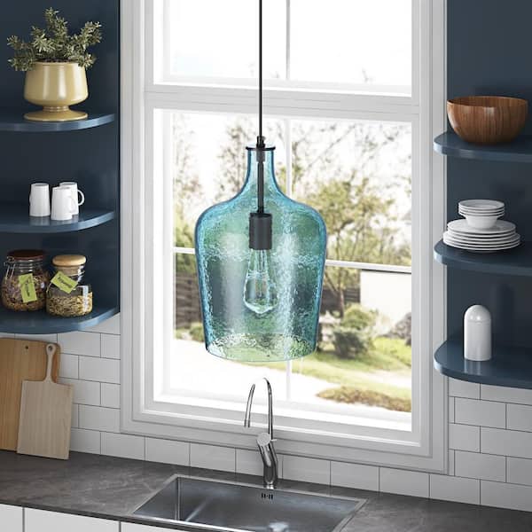 9 in. 1-Light Black Island Pendant Light Industrial Hanging Light with Blue Glass Shade