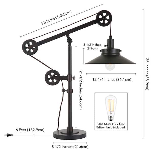 Descartes 29 in. Blackened Bronze Wide Brim Table Lamp with Pulley System