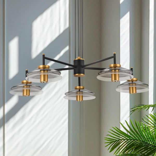 Verona 31 in. 5-Light ETL Certified Integrated LED Black Chandelier Lighting Fixture with Glass Shades