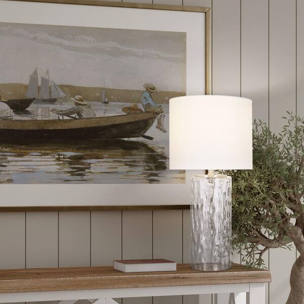 Krislyn 24 in. Clear Water Glass Table Lamp with White Linen Shade