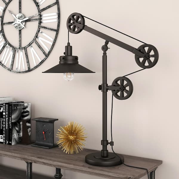 Descartes 29 in. Blackened Bronze Wide Brim Table Lamp with Pulley System