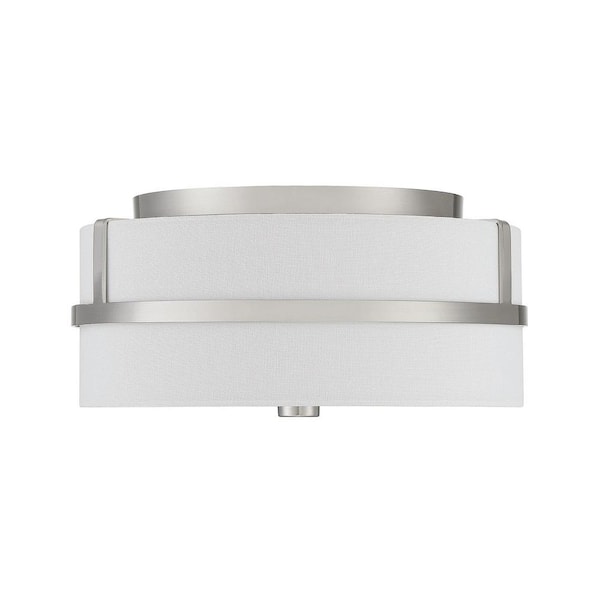 13 in. W x 6 in. H 2-Light Brushed Nickel Outdoor Flush Mount Light with White Glass Drum Shade