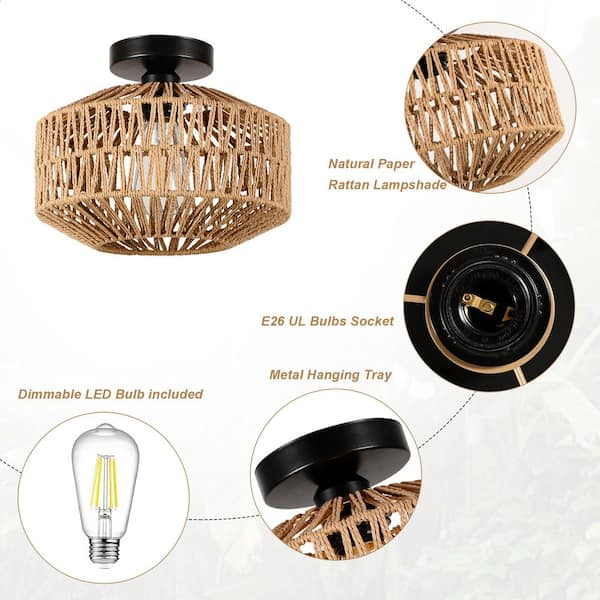 11.8 in. 1-Light Brown Rattan LED Semi-Flush Mount Light with Dimmable LED Bulb