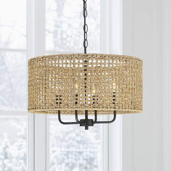 Cape 20 in. 4-Light Bohemian Drum Chandelier with Lime Hand Woven Shade