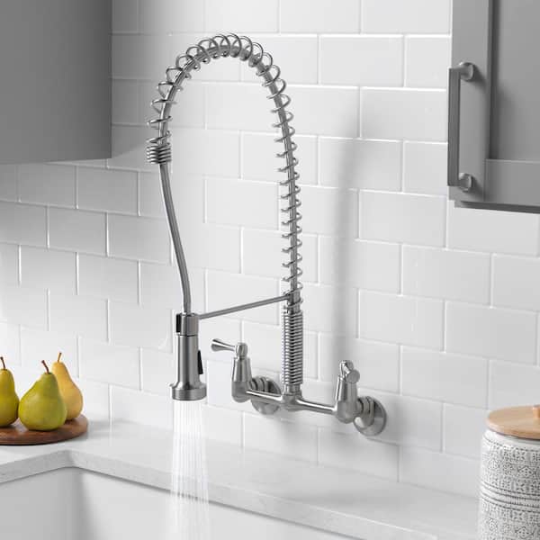 2-Handle Wall-Mount Pull-Down Sprayer Kitchen Faucet in Stainless Steel