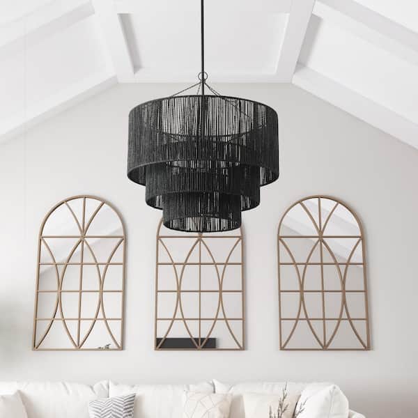 23.62 in. 1-Light Farmhouse Black Coastal Woven Chandelier with Rattan Basket Shade