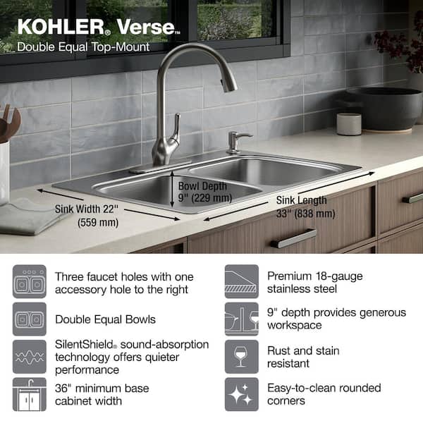 Verse 33 in. Drop-in Double Bowl 20 Gauge Stainless Steel Kitchen Sink with 4-Holes
