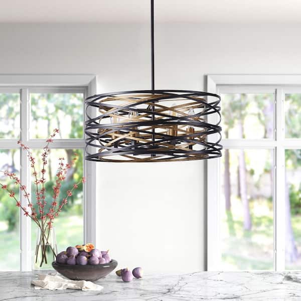 Industrial 6-Light Drum Black Cage Chandelier Farmhouse Metal Hanging Light Fixture
