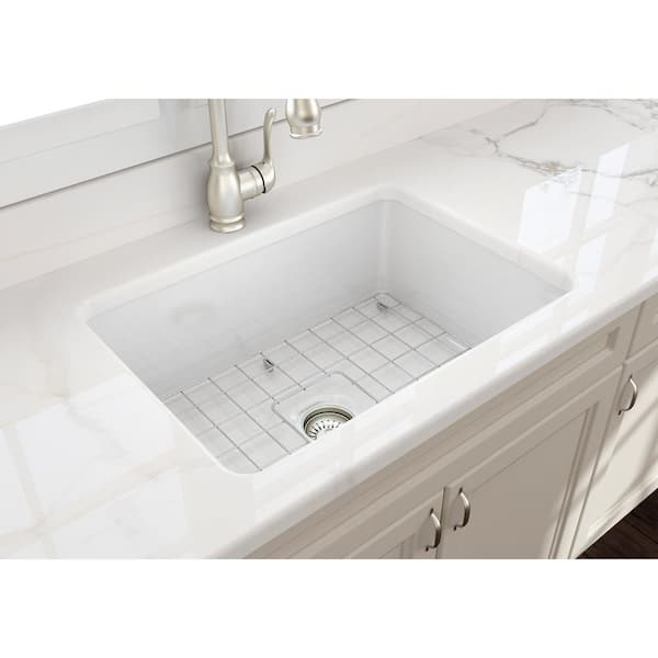 Sotto Undermount Fireclay 27 in. Single Bowl Kitchen Sink with Bottom Grid and Strainer in White