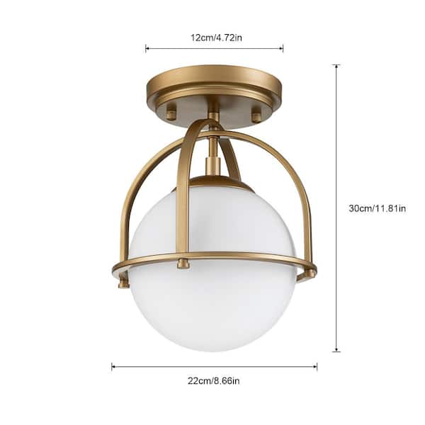 Fragoso 8.66 in. 1-Light Brass Semi Flush Mount Light with Opal Glass