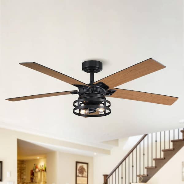 52 in. Industrial Downrod Mount Black Ceiling Fan with Remote Control and Light Kit