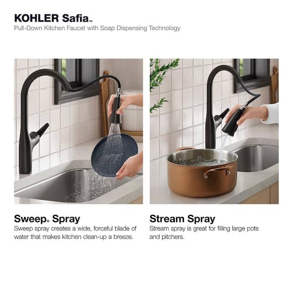 Safia 1-Handle Pull Down Sprayer Kitchen Faucet with Integrated Soap Dispenser in Matte Black