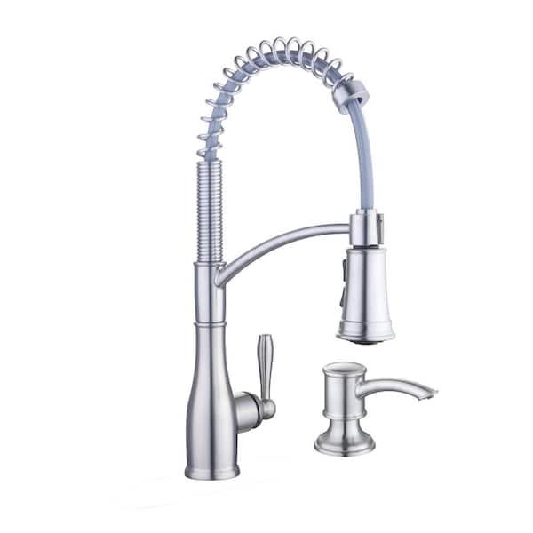 Mandouri Single Handle Spring Neck Pull Down Sprayer Kitchen Faucet with Soap Dispenser in Stainless Steel