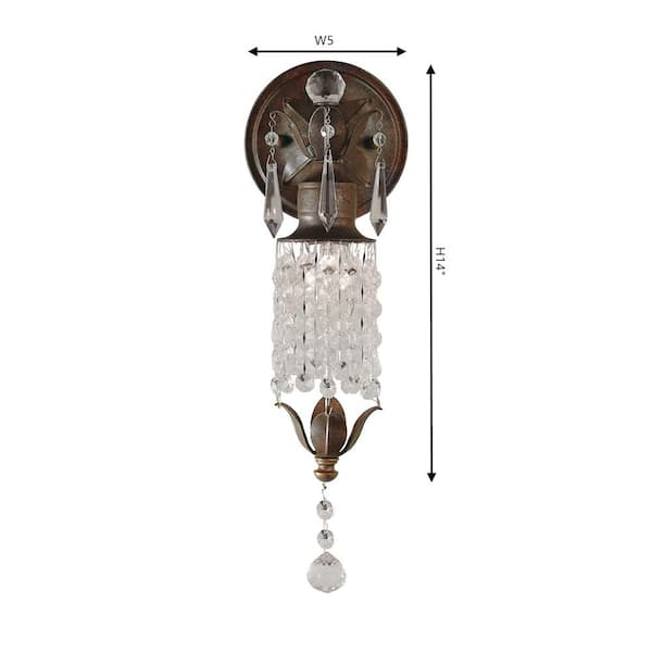 Maison De Ville 5 in. W x 14 in. H 1-Light British Bronze French Country Sconce with Crystal and Bead Accents