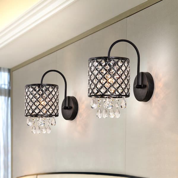 Indianapolis 1-Light Dimmable Black Armed Sconce with Crystal Accents (Set of 2)