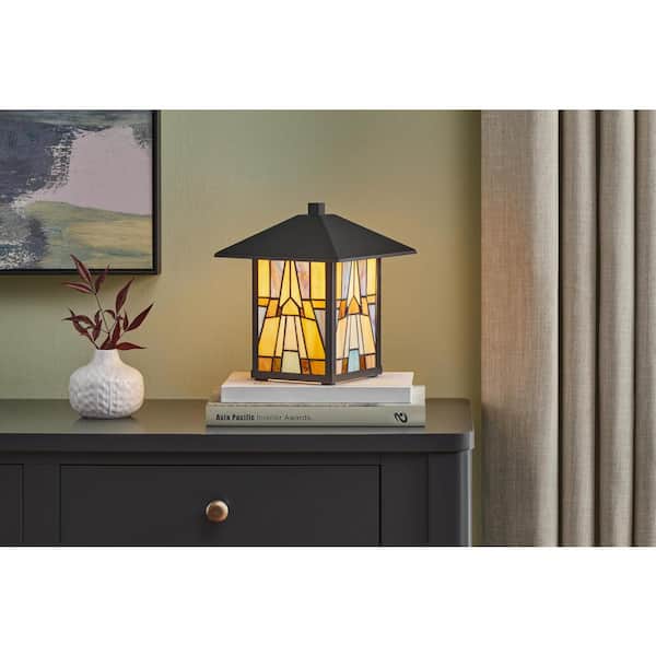 Waterville 10 in. Matte Black Table Lamp with Tiffany Style Glass Shade