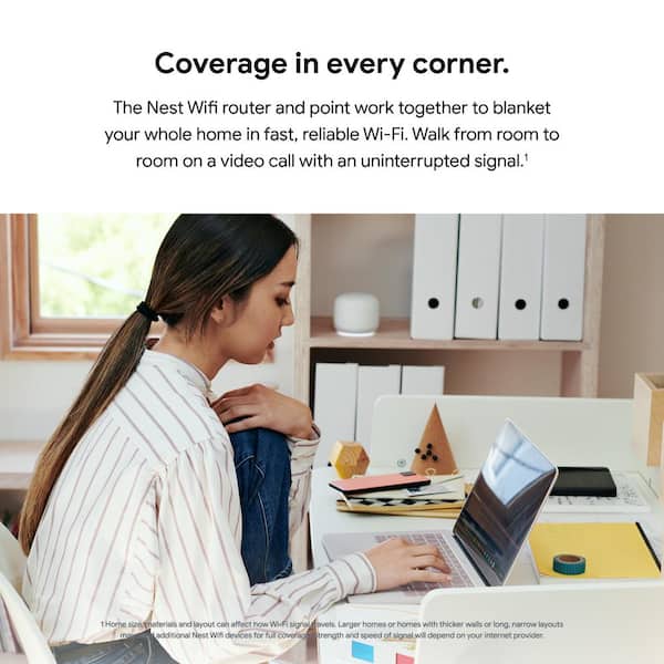 Nest Wifi - Mesh Router AC2200 and 1 Point with Google Assistant - 2 Pack - Snow