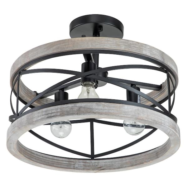 17.25 in. 3-Light Black Semi-Flush Mount with Wood Accent