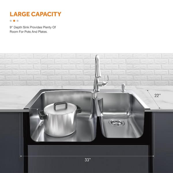 All-in-1-Drop-In/Undermount 18G Stainless Steel 33 in. 2-Hole Double Bowl Kitchen Sink with Pull-Down Faucet
