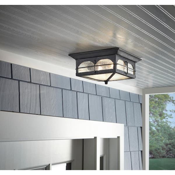 Brimfield 11 in. 2 Light Aged Iron Outdoor Weather Resistant Flush Mount Ceiling Light with Clear Seedy Glass Shade