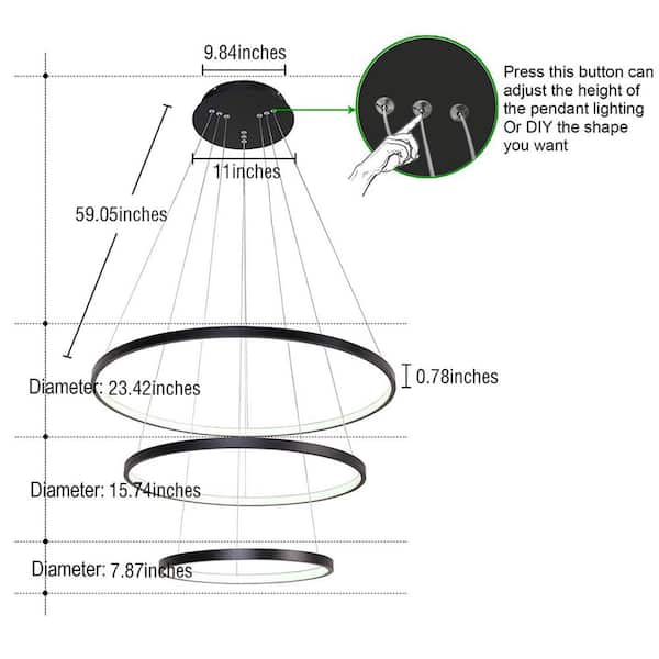Modern 50-Watt 3-Light Tiered Integrated LED Black Rings Chandelier
