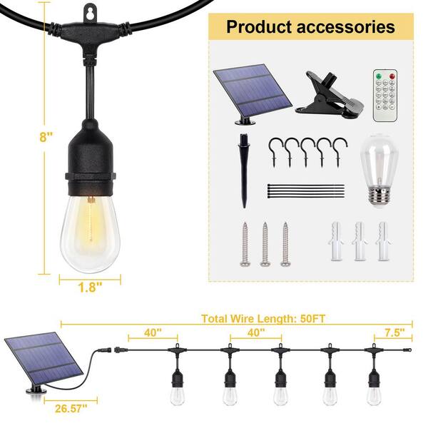 15-Light 50 ft. Outdoor Indoor Solar LED S14 Edison Bulb String -Light with Remote