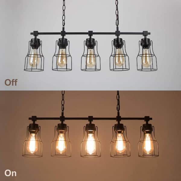 Modern Industrial Black Island Chandelier 5-Light Linear Large Hanging Pendant light with Geometric Metal Cage Shades