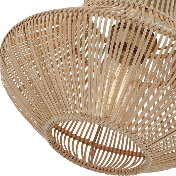 D 12 in. x H 11.3 in. 1-Light Brass/Wheat Bohemian Rattan Semi-Flush Mount Ceiling Light