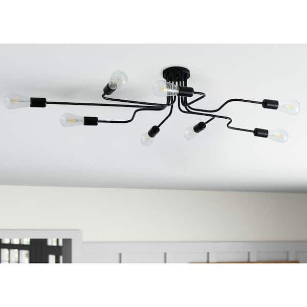 Modern 42 in. 8-Light Brushed Black Sputnik Linear Semi Flush Mount Ceiling Light Fixture