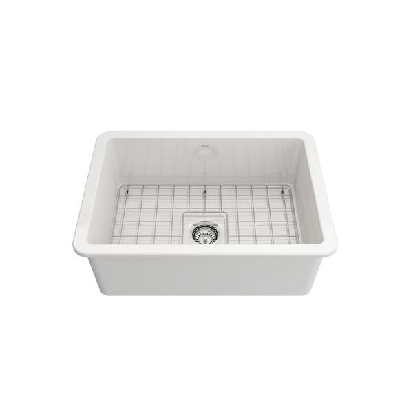 Sotto Undermount Fireclay 27 in. Single Bowl Kitchen Sink with Bottom Grid and Strainer in White